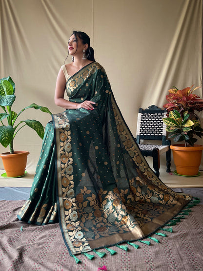 Women's Banarasi Silk Saree with Floral Woven Border and Pallu Dark Green