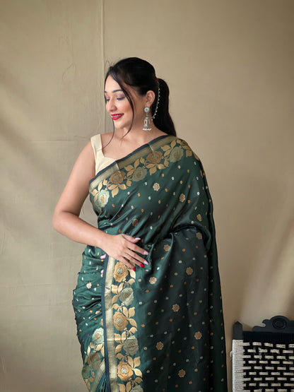 Women's Banarasi Silk Saree with Floral Woven Border and Pallu Dark Green