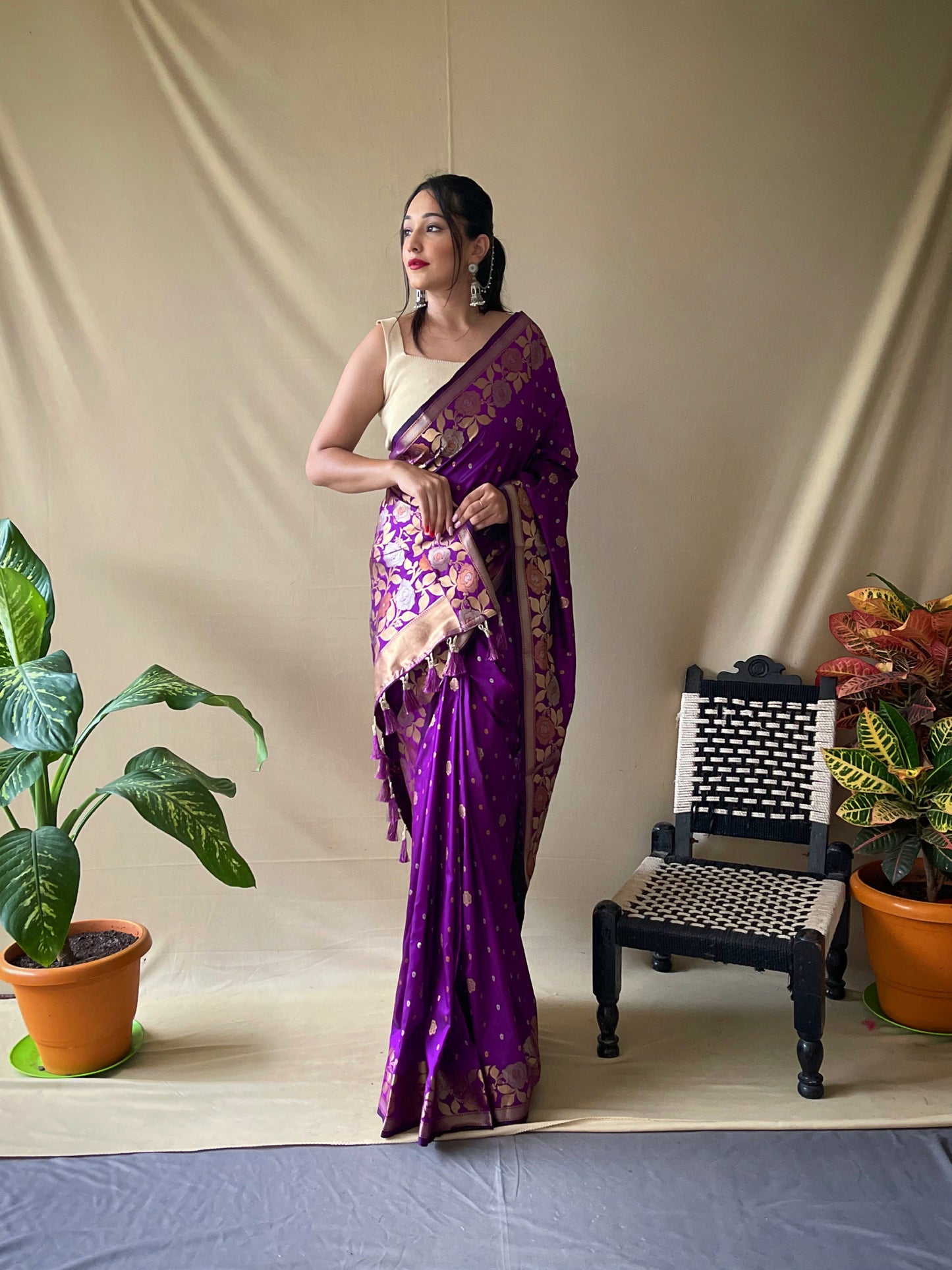 Women's Banarasi Silk Saree with Floral Woven Border and Pallu Purple