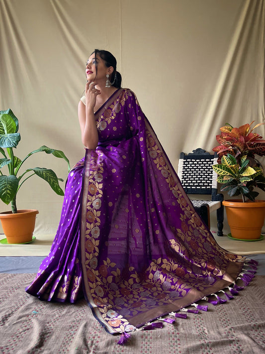 Women's Banarasi Silk Saree with Floral Woven Border and Pallu Purple