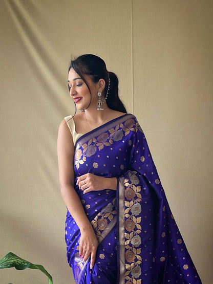 Women's Banarasi Silk Saree with Floral Woven Border and Pallu Violet Blue