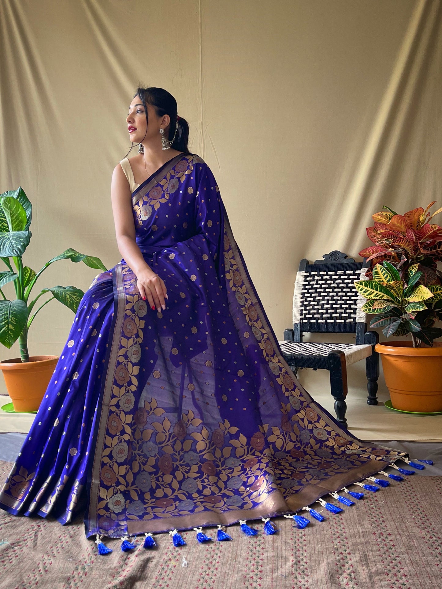 Women's Banarasi Silk Saree with Floral Woven Border and Pallu Violet Blue