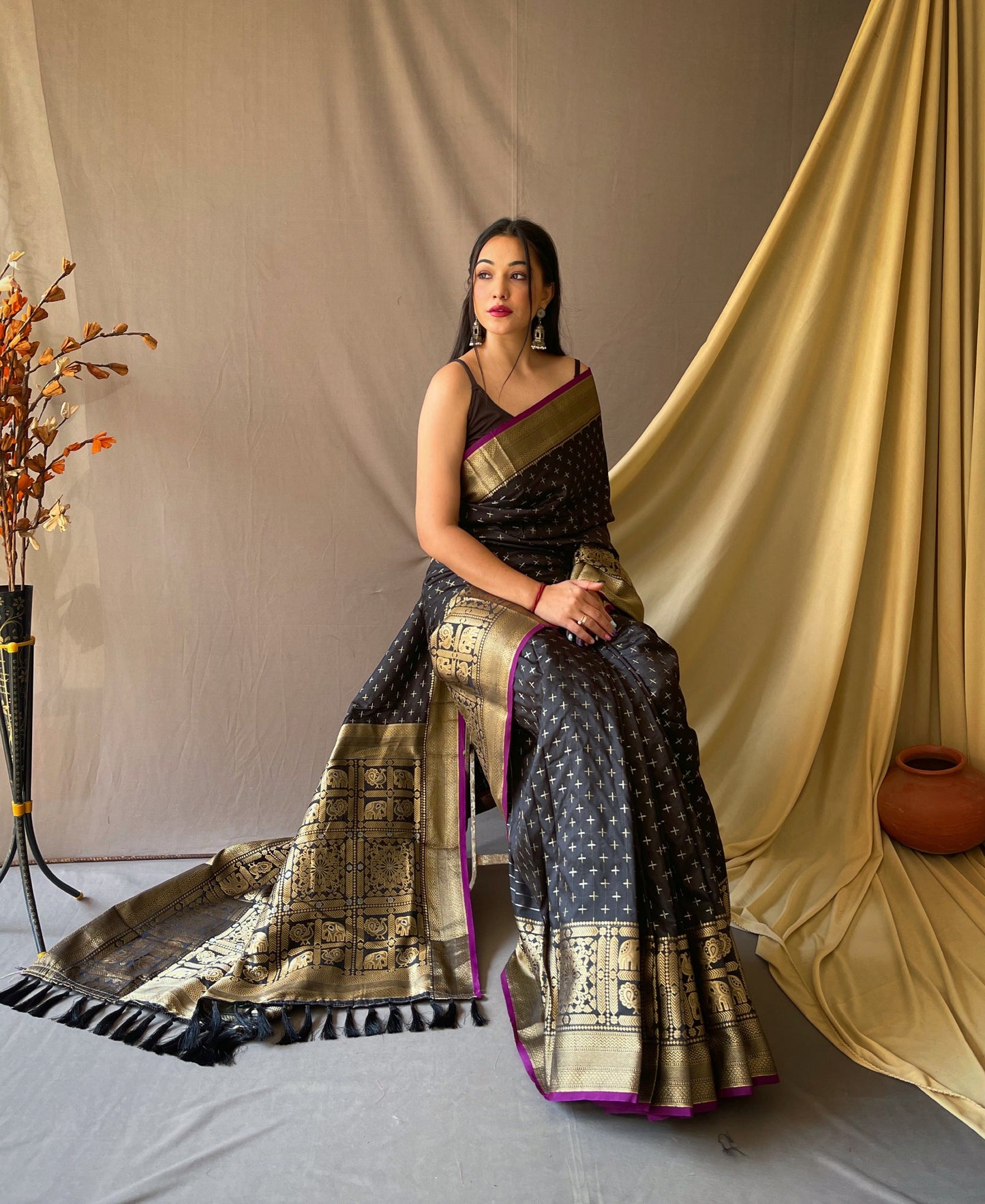Women's Banarasi Silk Checks Woven Saree Black