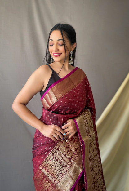 Women's Banarasi Silk Checks Woven Saree Brown