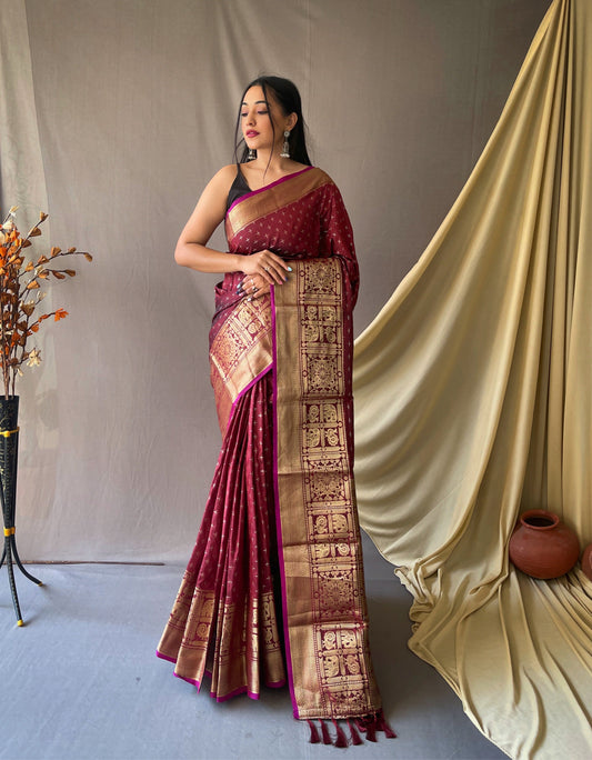 Women's Banarasi Silk Checks Woven Saree Brown