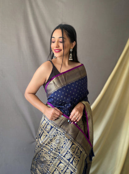Women's Banarasi Silk Checks Woven Saree Dark Blue