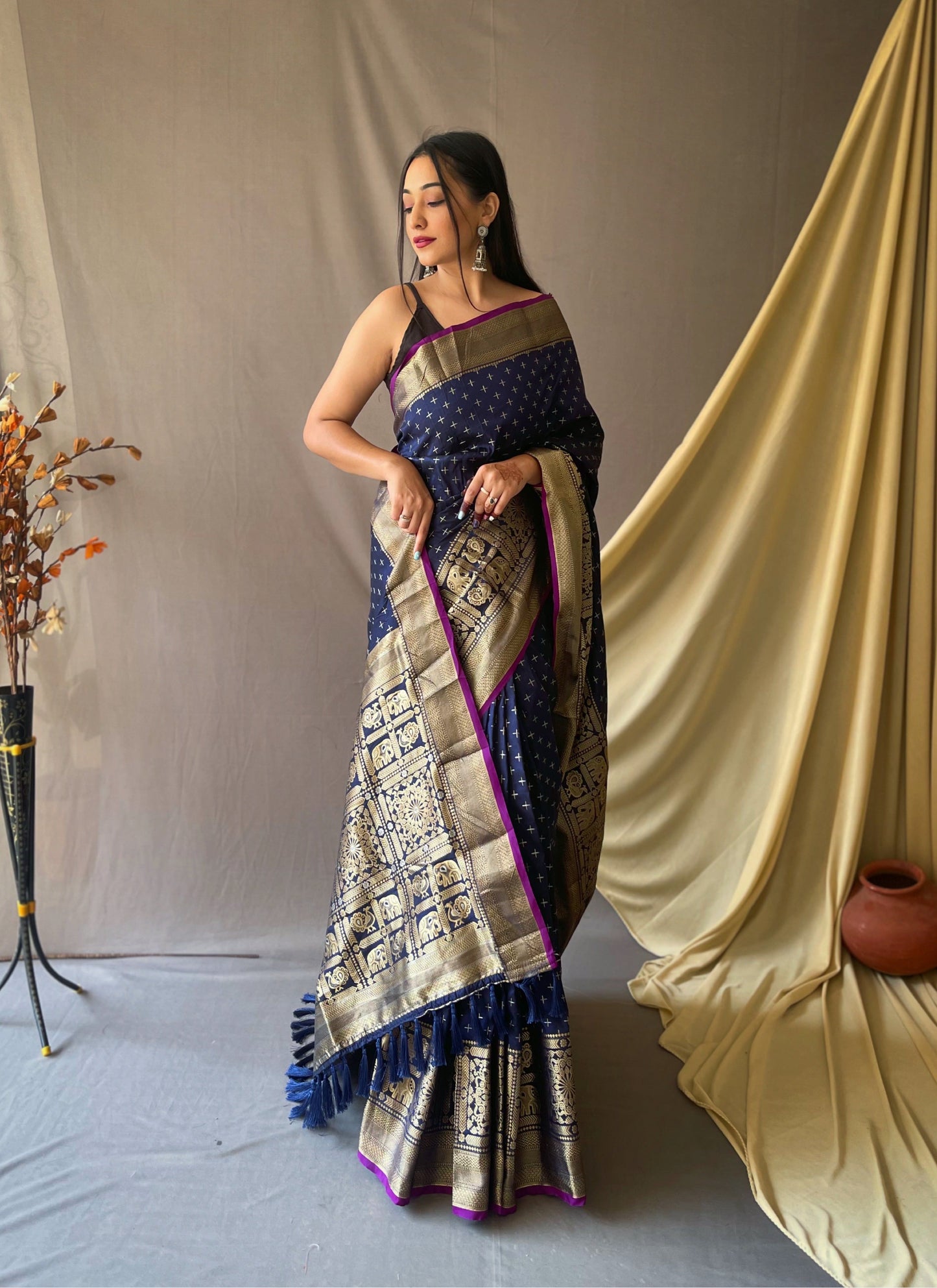 Women's Banarasi Silk Checks Woven Saree Dark Blue