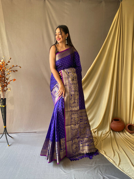 Women's Banarasi Silk Checks Woven Saree Violet Blue