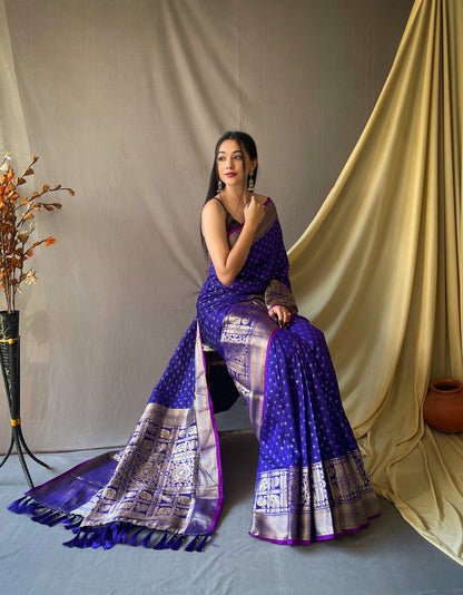 Women's Banarasi Silk Checks Woven Saree Violet Blue
