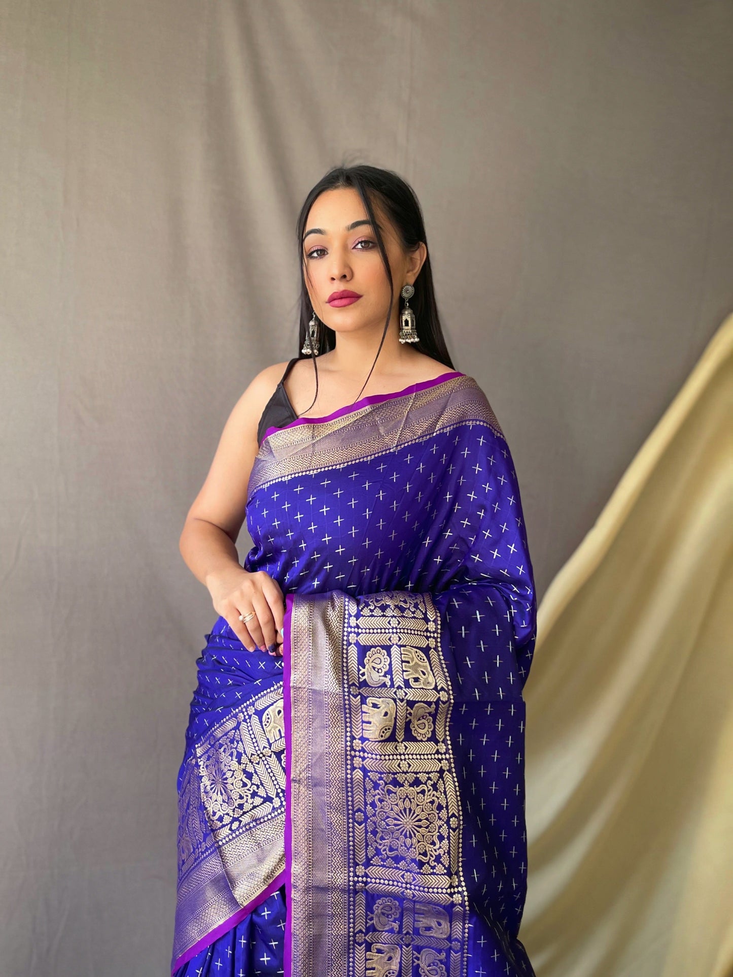Women's Banarasi Silk Checks Woven Saree Violet Blue