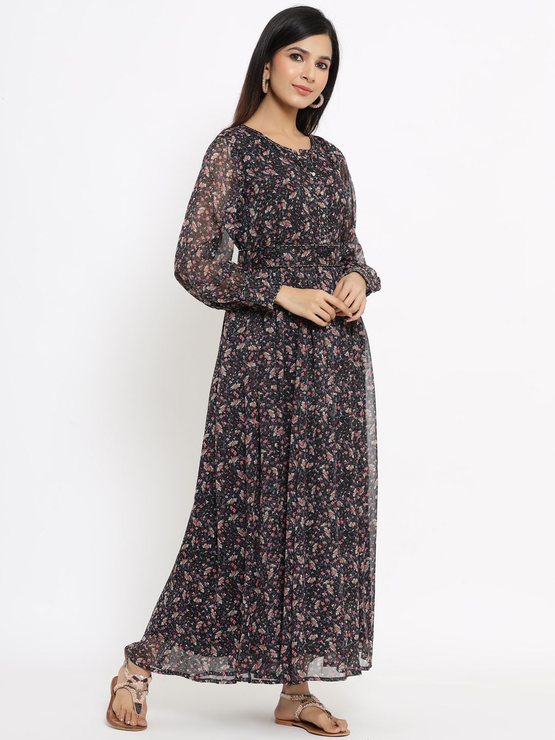Women's Navy Chiffon Flared Printed Dress With Tie-up Blet