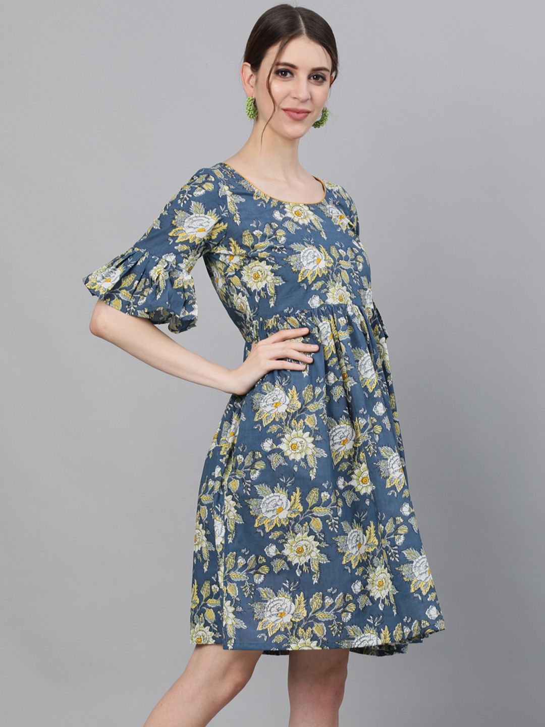 Women's Floral Printed Dress With Ruffle Sleeves