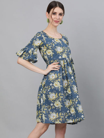 Women's Floral Printed Dress With Ruffle Sleeves