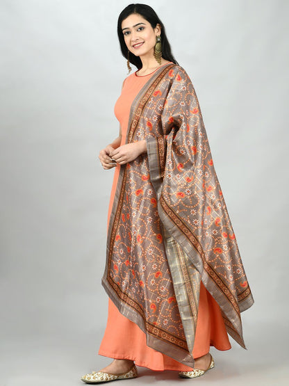 Women's Peach Cotton Solid Sleeveless Round Neck Casual Kurta Dupatta Set
