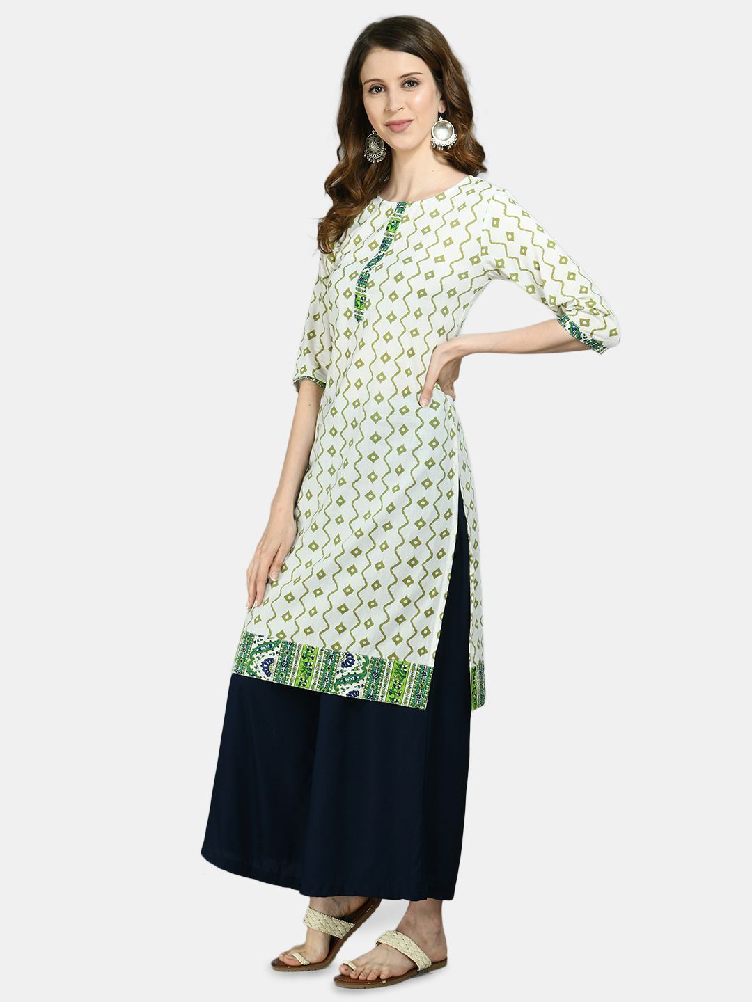 Women's Multicolor Cotton Printed 3/4 Sleeve Round Neck Casual kurta