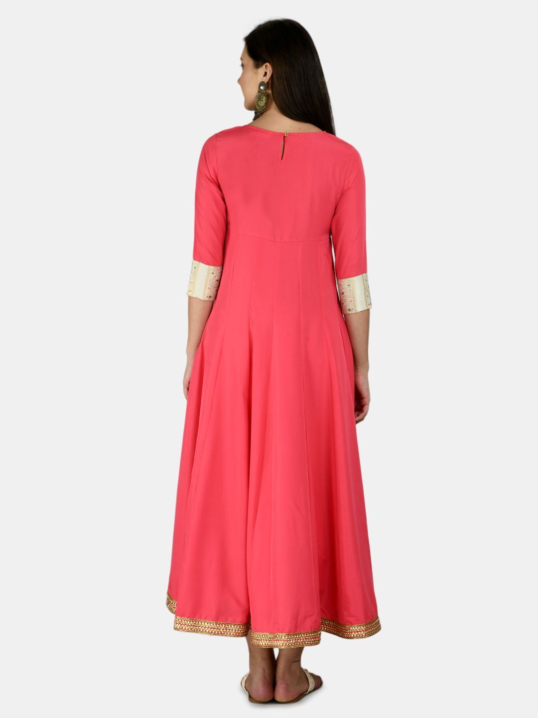 Women's Pink Rayon Printed 3/4 Sleeve Round Neck Casual Anarkali Dupatta Set