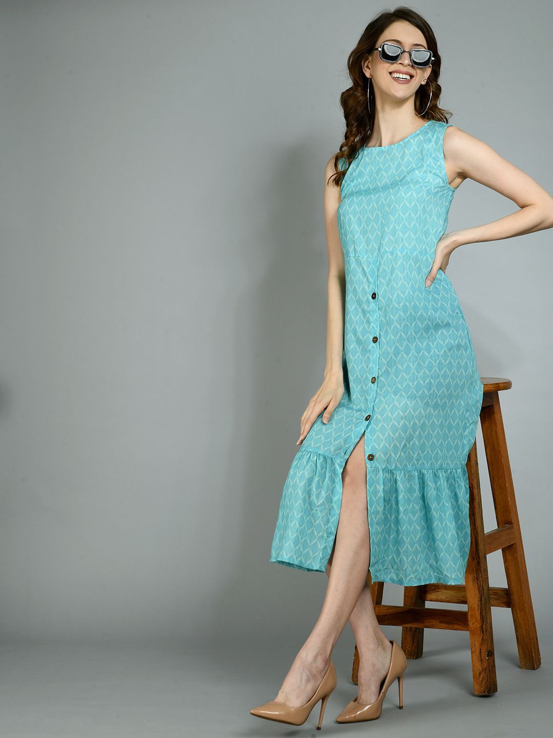Women's Blue Poly Cotton Printed Sleeveless Round Neck Casual Dress