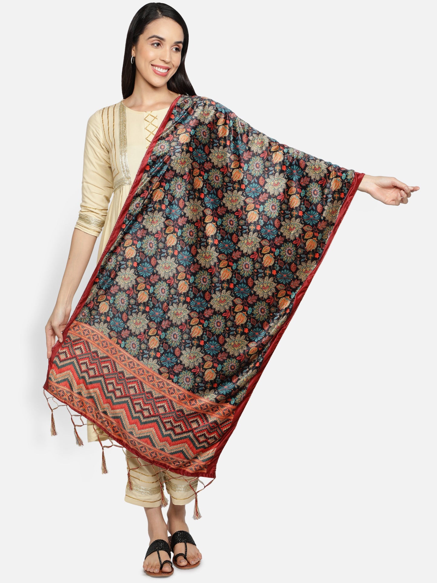 Women's Multicolored Polyster Velvet  Digital Printed Dupatta