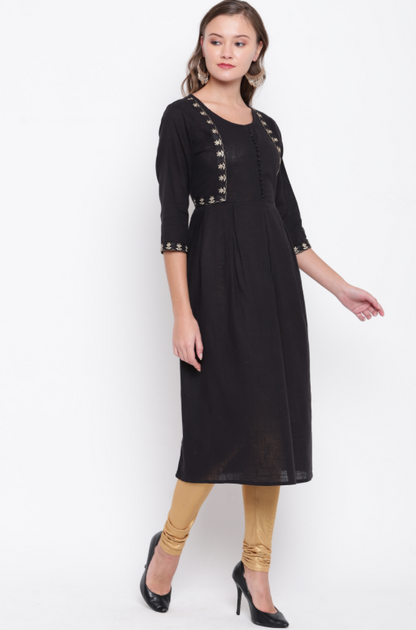 Women's Embroidered/Solid Anarkali Cotton Black Kurta (1Pc)