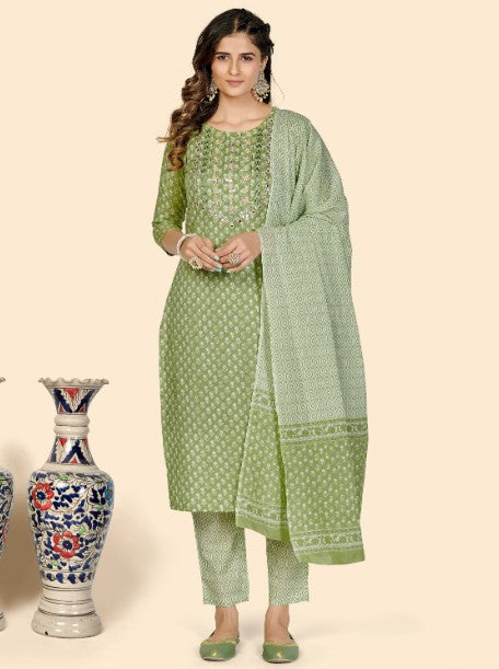 Women's Embroidered Straight Cotton Parrot Green Stitched Kurta Pant With Dupatta
