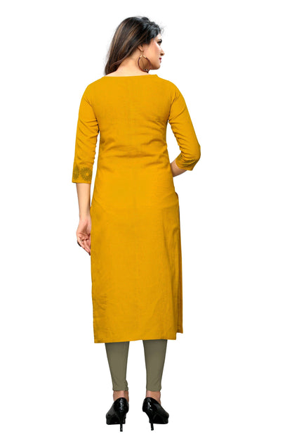 Women's Yellow Color Slub Cotton Straight Kurta Only