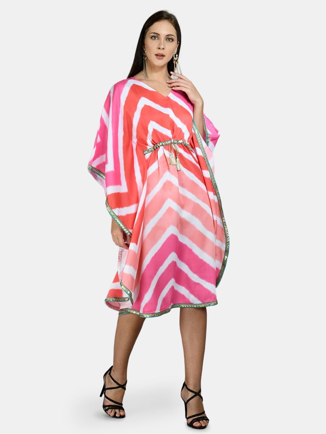 Women's Multi Polyester Printed Full Sleeve V Neck Casual kaftaan