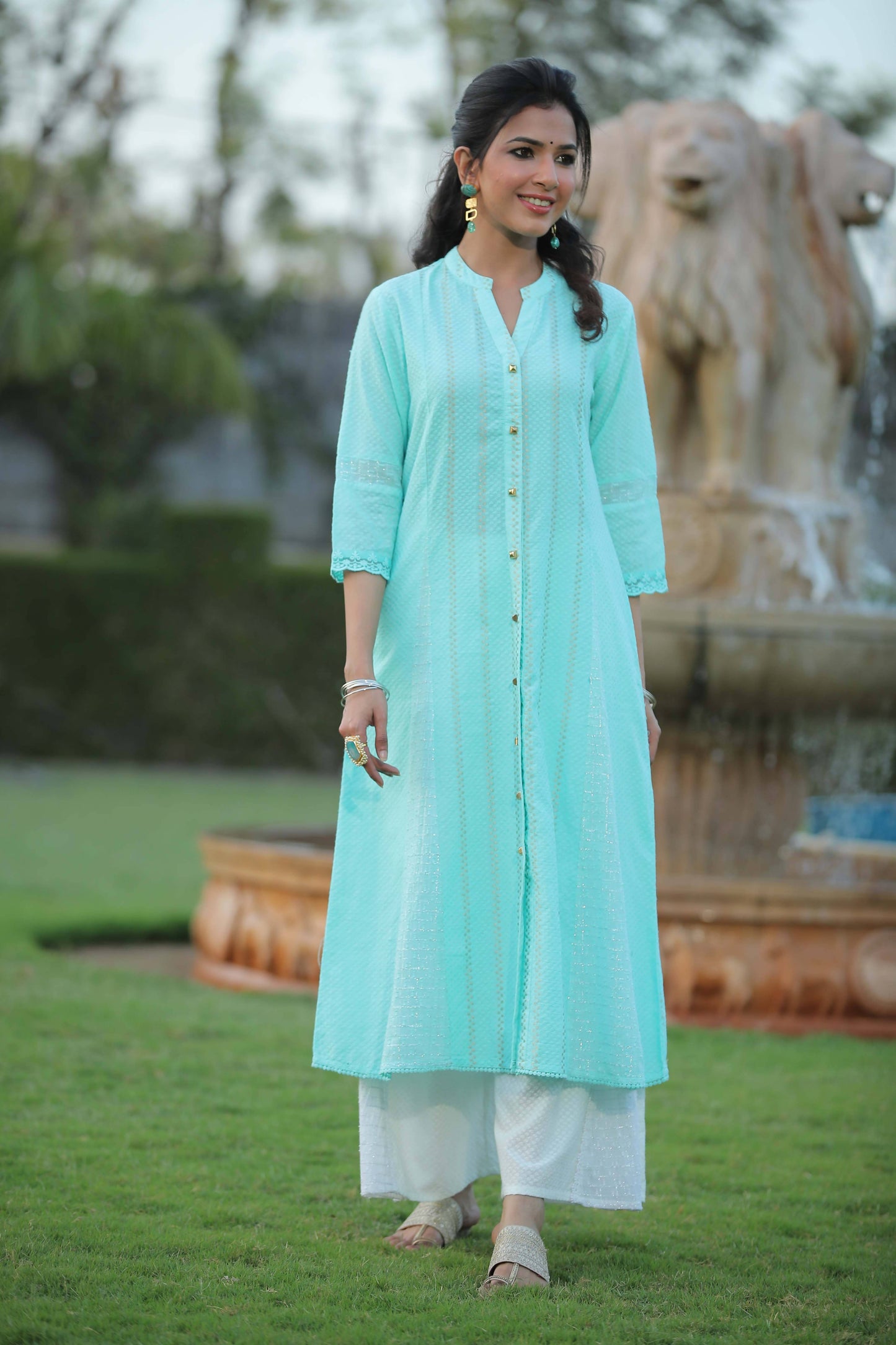 Women's Aqua Cotton Dobby Printed A-Line Kurta With Mask