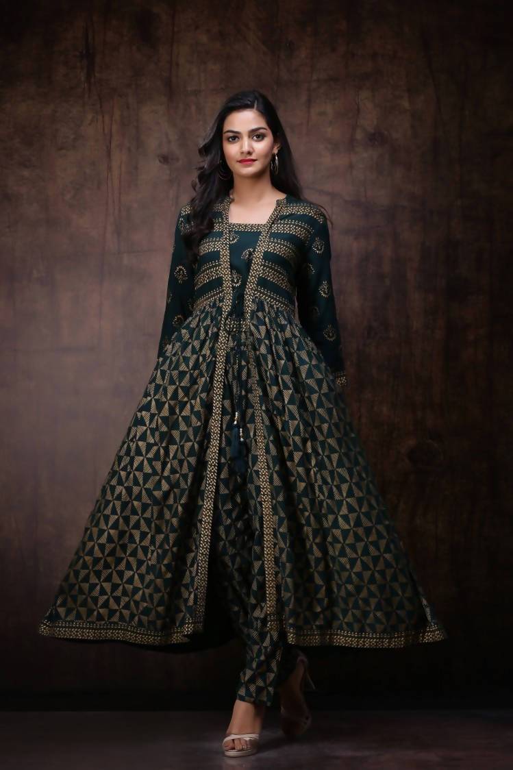 Buy_Women's_Jade_Green_Rayon_Slub_Printed_Jacket_Style_Kurta_With_Pants_Online_Trendia
