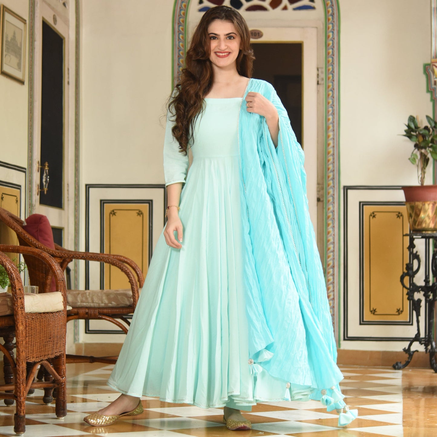 Women's Soothing Sea Cotton Anarkali Set