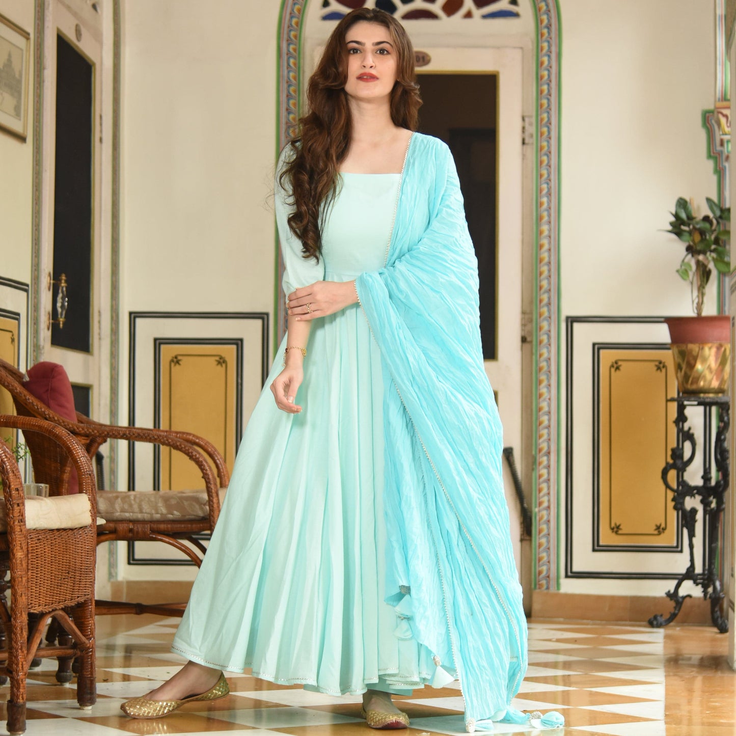 Women's Soothing Sea Cotton Anarkali Set