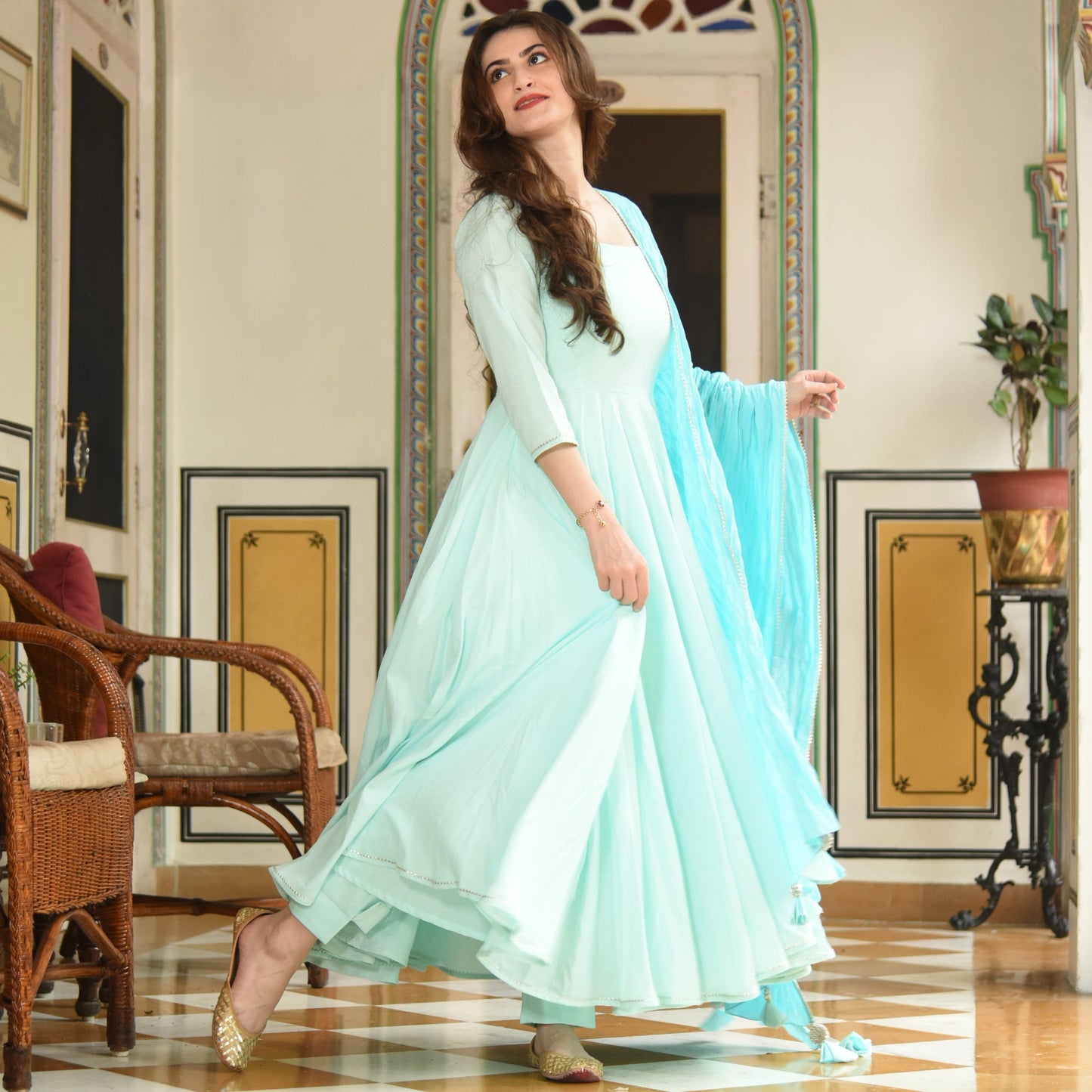 Women's Soothing Sea Cotton Anarkali Set