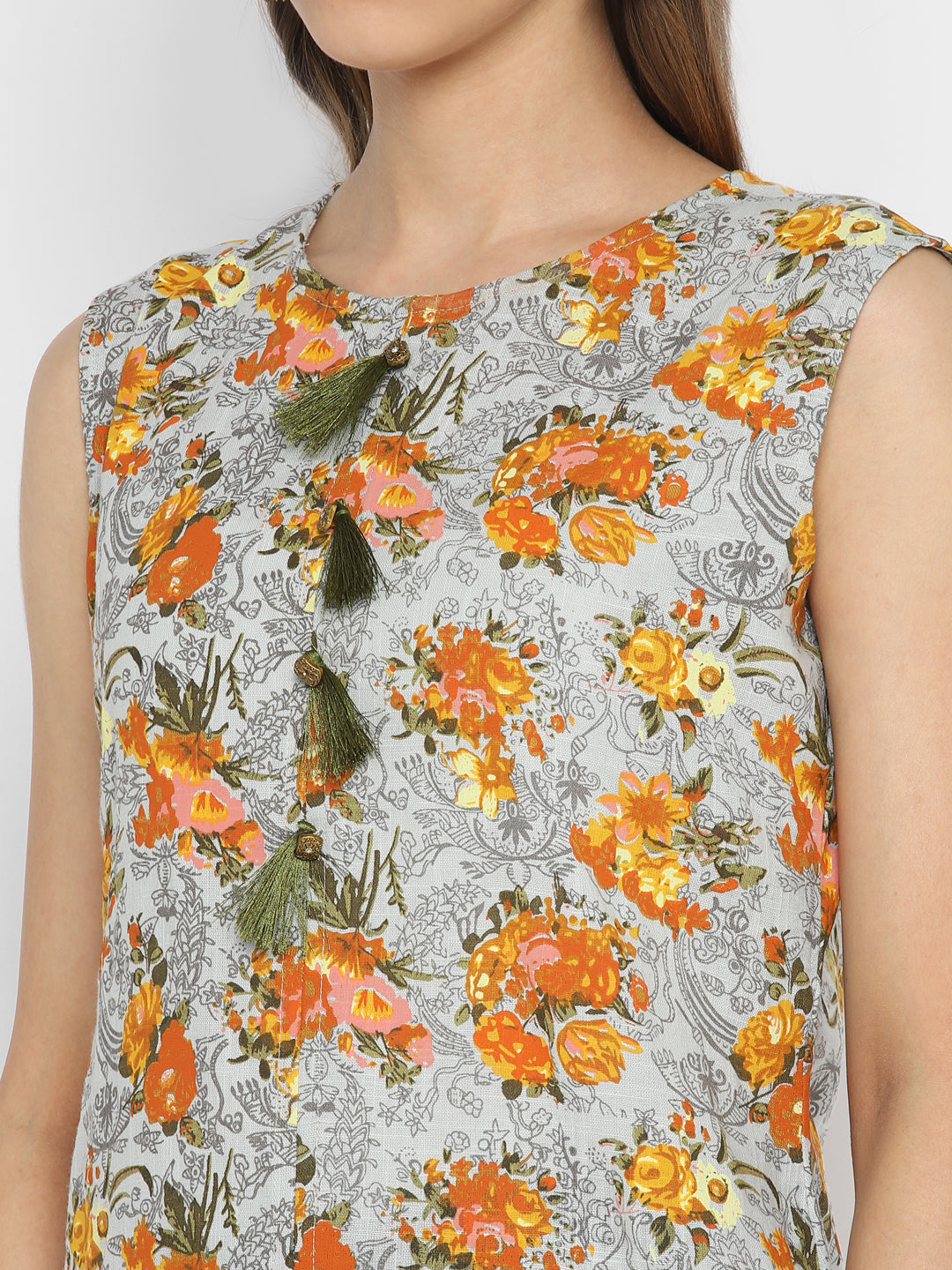 Women's Mustard & Grey Floral Printed Kurta By Vbuyz- (