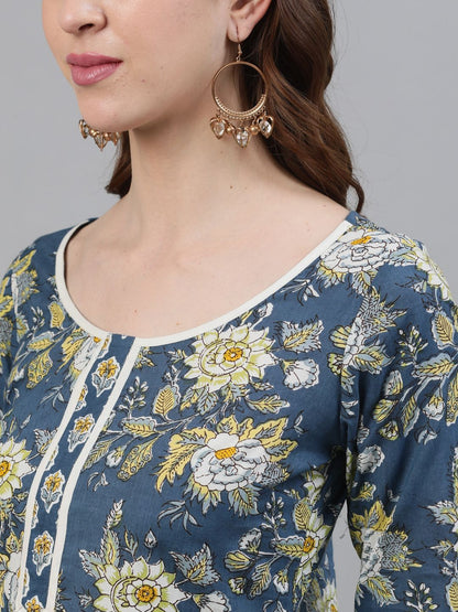 Women's Blue Floral Printed Straight Kurta