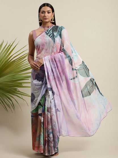 Women's Lavender Colour Chiffon Digital Print Saree