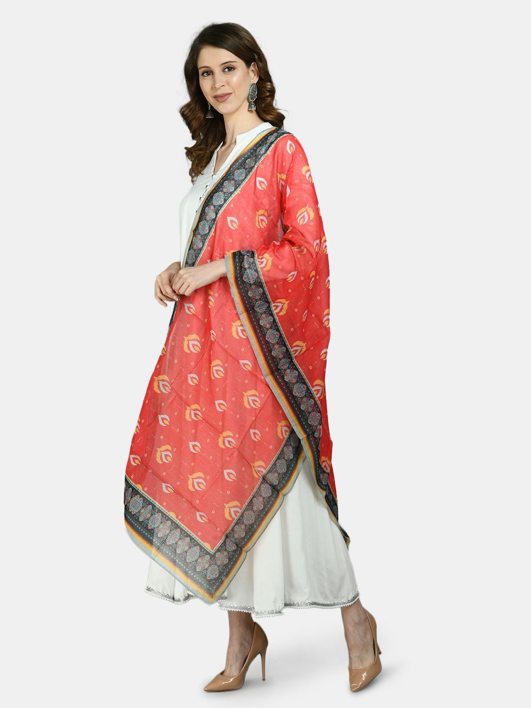 Women's White Viscose Solid Full Sleeve V Neck Casual Anarkali Kurta Dupatta Set