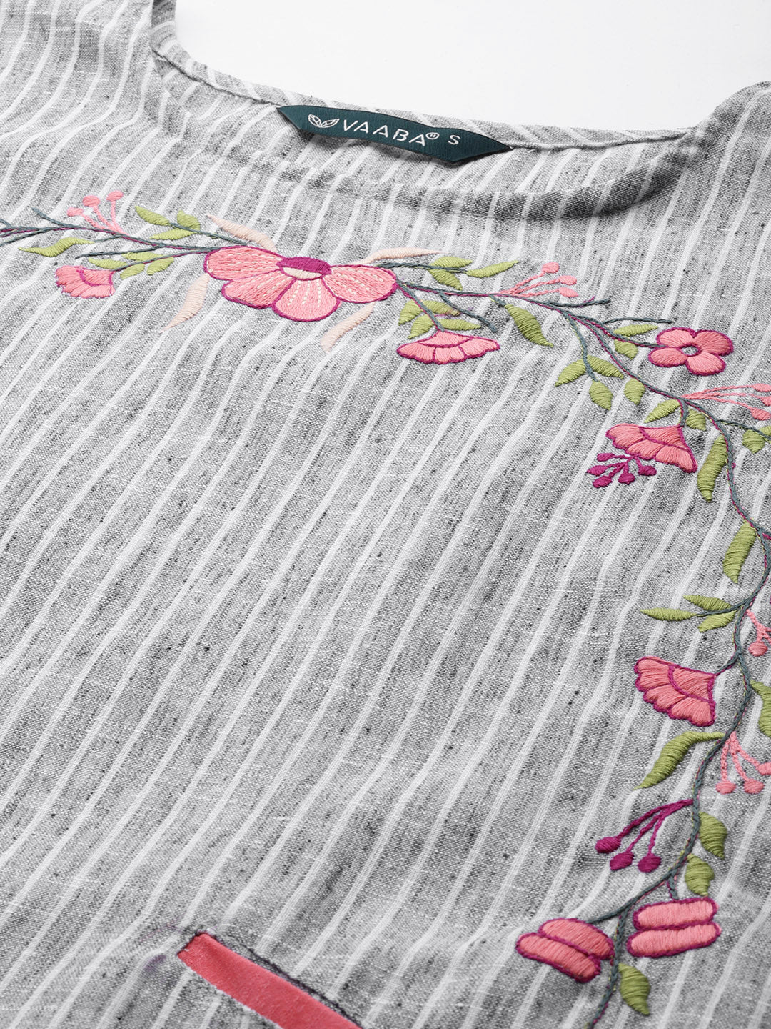 Women's Embroidered Cotton Blend Straight Kurta (Grey)