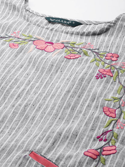 Women's Embroidered Cotton Blend Straight Kurta (Grey)