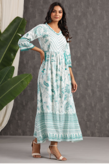 Women's Teal Rayon Printed Flared Dress