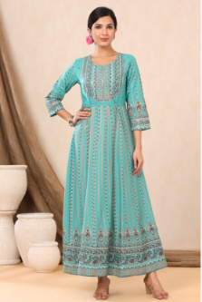 Women's Teal Rayon Printed Anarkali Dress