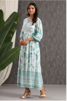 Women's Teal Rayon Printed Flared Dress