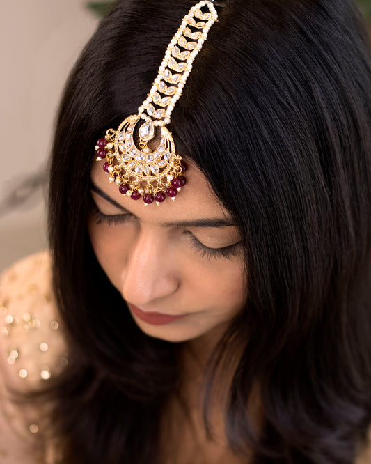 Women's Traditional Gold Plated Kundan & Pearl Studded Maang Tikka