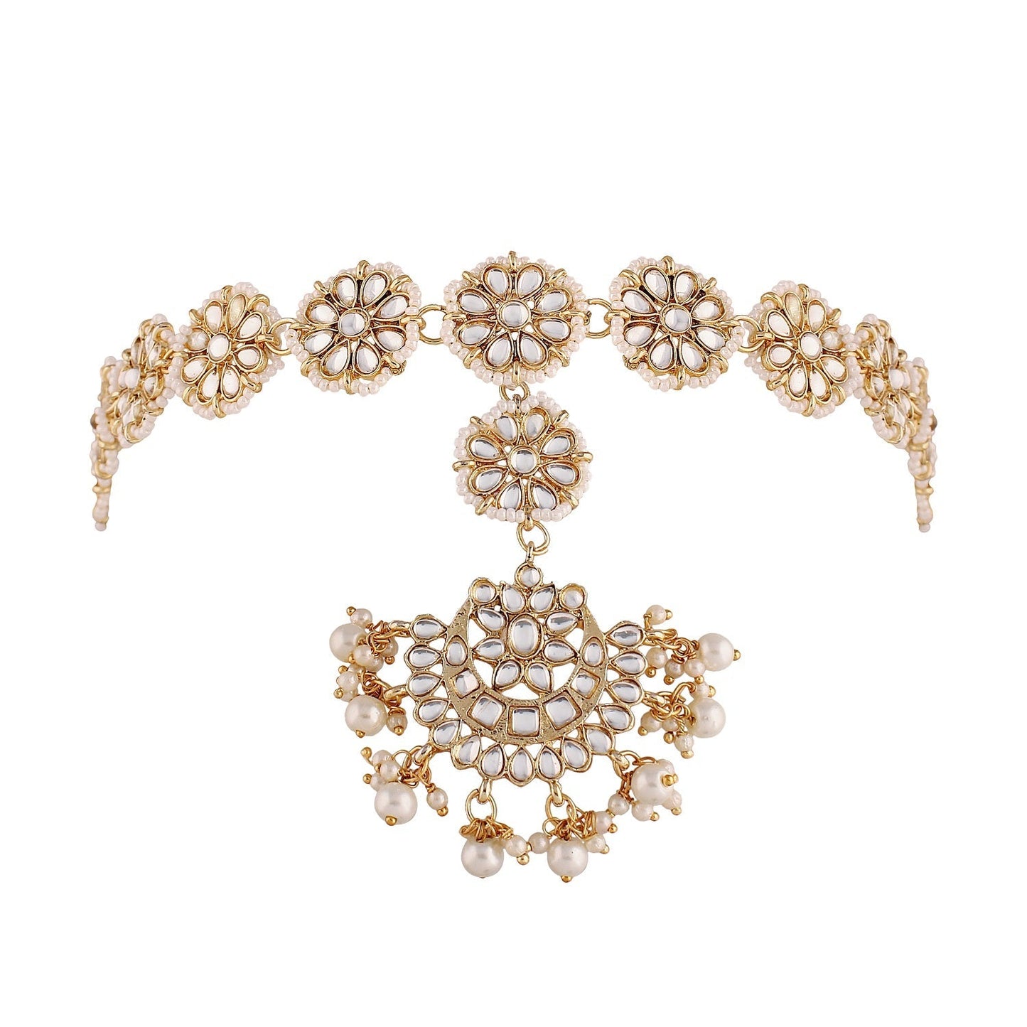 Women's 18k Gold Plated Floral Kundan Pearl Studde Sheeshpatti