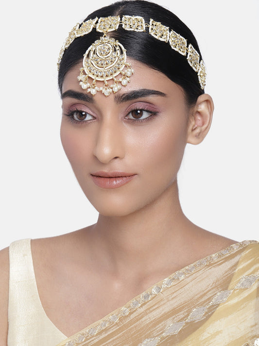 Women's 18k Gold Plated Floral Kundan Pearl Studde Sheeshpatti