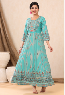 Women's Teal Rayon Printed Anarkali Dress