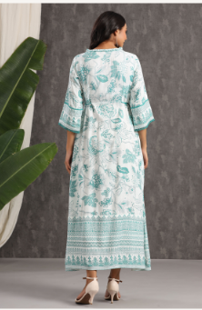 Women's Teal Rayon Printed Flared Dress