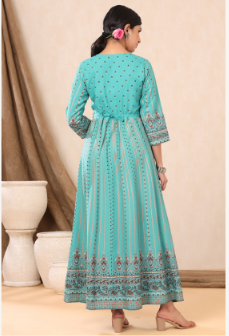 Women's Teal Rayon Printed Anarkali Dress