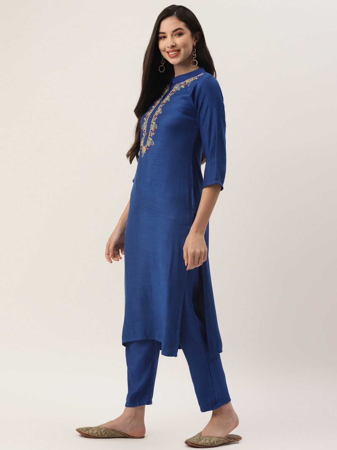 Women's Blue Rayon Blend Embroidered Straight Kurta Trouser Set With Dupatta