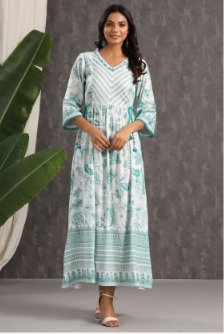 Women's Teal Rayon Printed Flared Dress