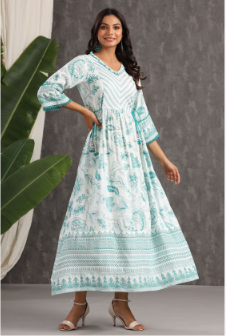 Women's Teal Rayon Printed Flared Dress