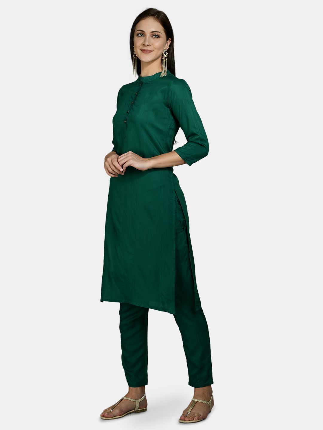 Women's Green Silk Solid 3/4 Sleeve Round Neck Casual Kurta Pant Dupatta Set